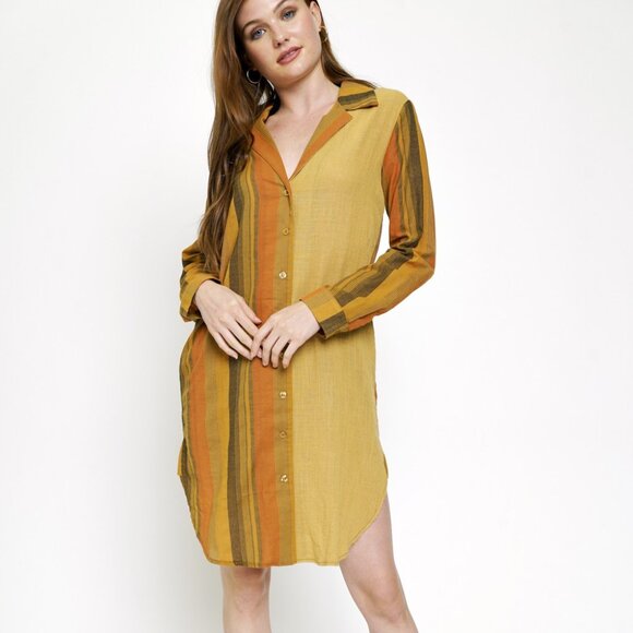 MYSTREE Mustard Rust Striped Button Down Shirt Dress Boho Fall Style - Picture 2 of 7